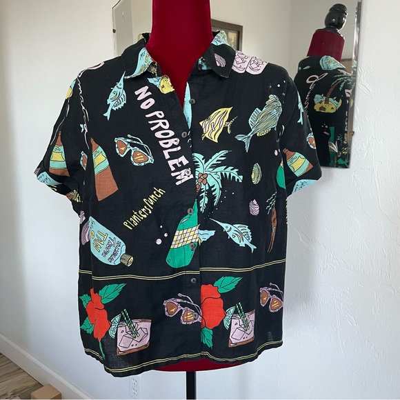 Nicole Miller New York Top 100% Linen Tropical Print Size Large Excellent! - Picture 8 of 11